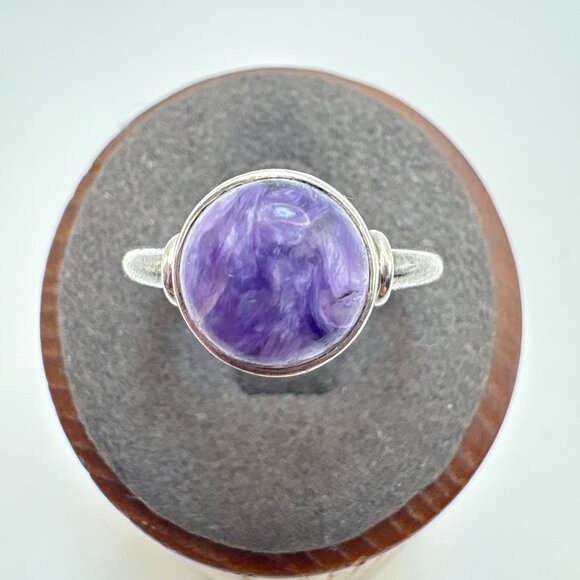 VTG Sterling Silver 925 Charoite Cabochon Bezel Set Statement Ring Size 6.5 - Picture 1 of 13